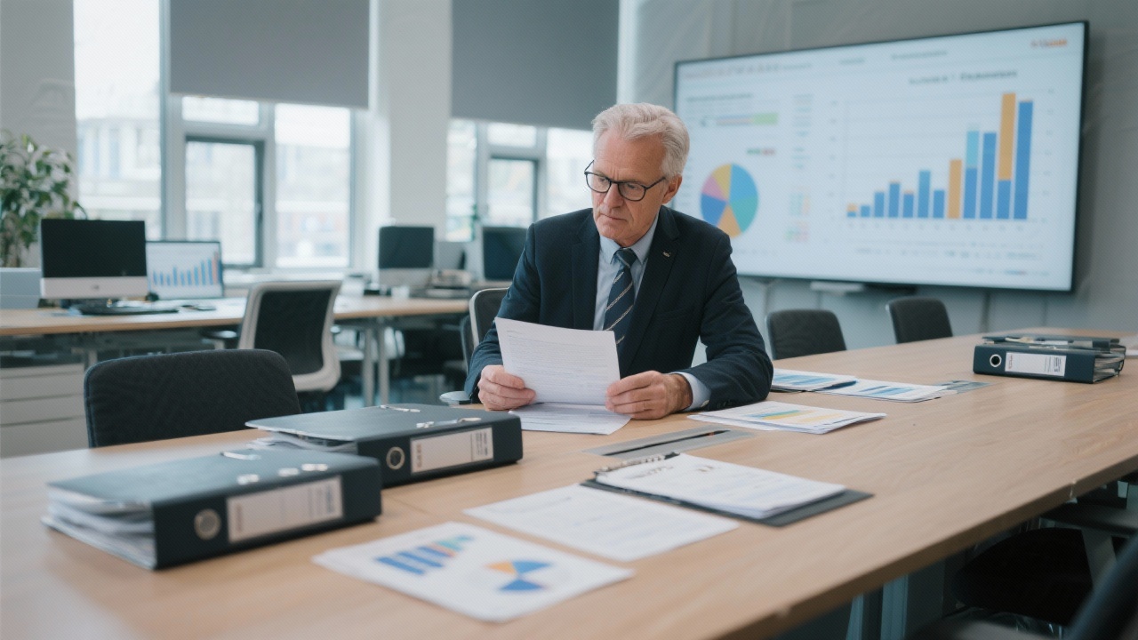 Senior consultant reviewing compliance documentation in a modern Amsterdam office with financial charts and regulatory binders neatly arranged on a conference table