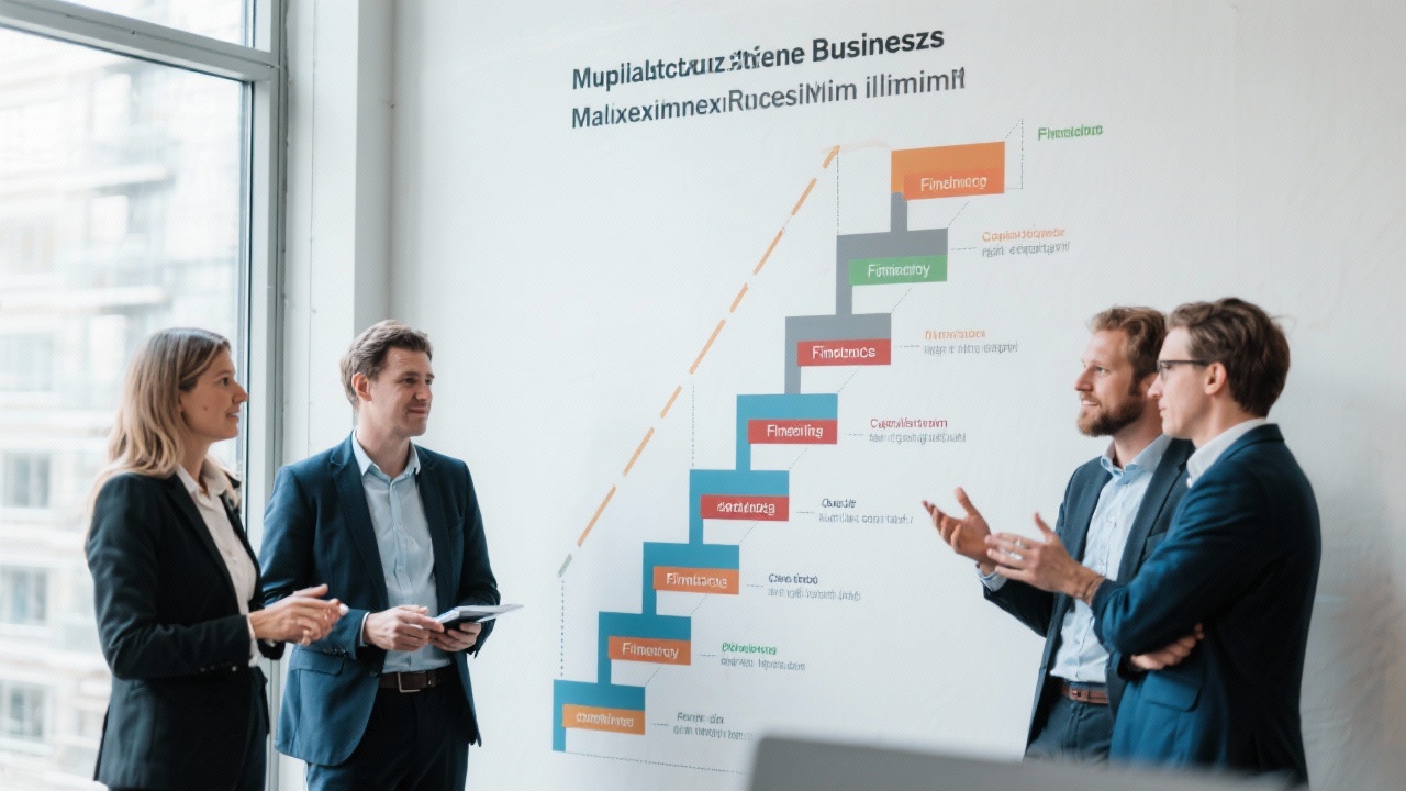 Layered financing ladder diagram displayed on a wall with consultants discussing capital structure strategies for Dutch midsize businesses