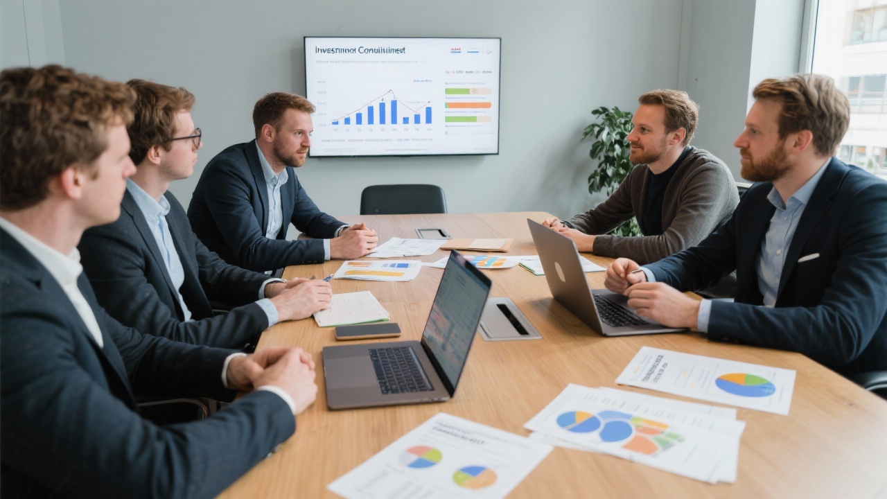 Investment consultants aligning pitch deck metrics with Dutch founders around a conference table featuring laptops, financial models, and printed executive summaries