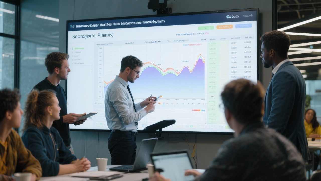 Analyst fine-tuning scenario planning spreadsheets with probability distributions while collaborating with entrepreneurs at a large digital screen in an innovation hub