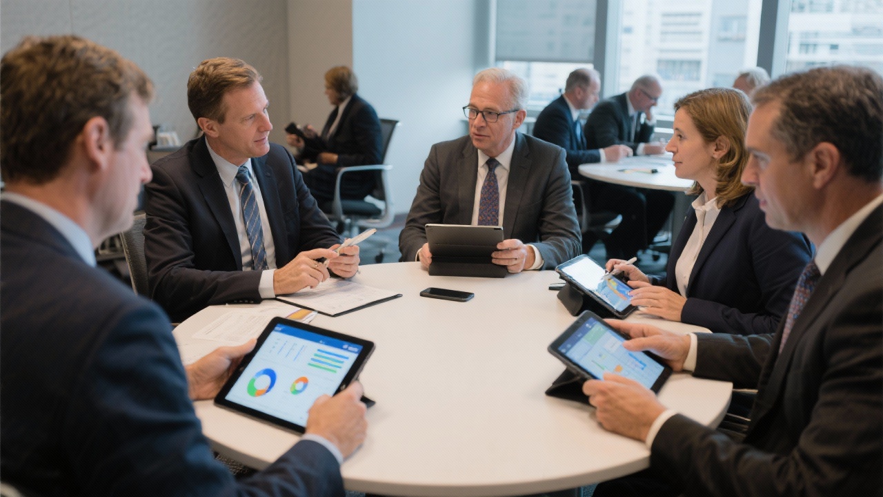 Stakeholder roundtable with analysts, board members, and investors reviewing dashboards on tablets and discussing capital allocation strategies
