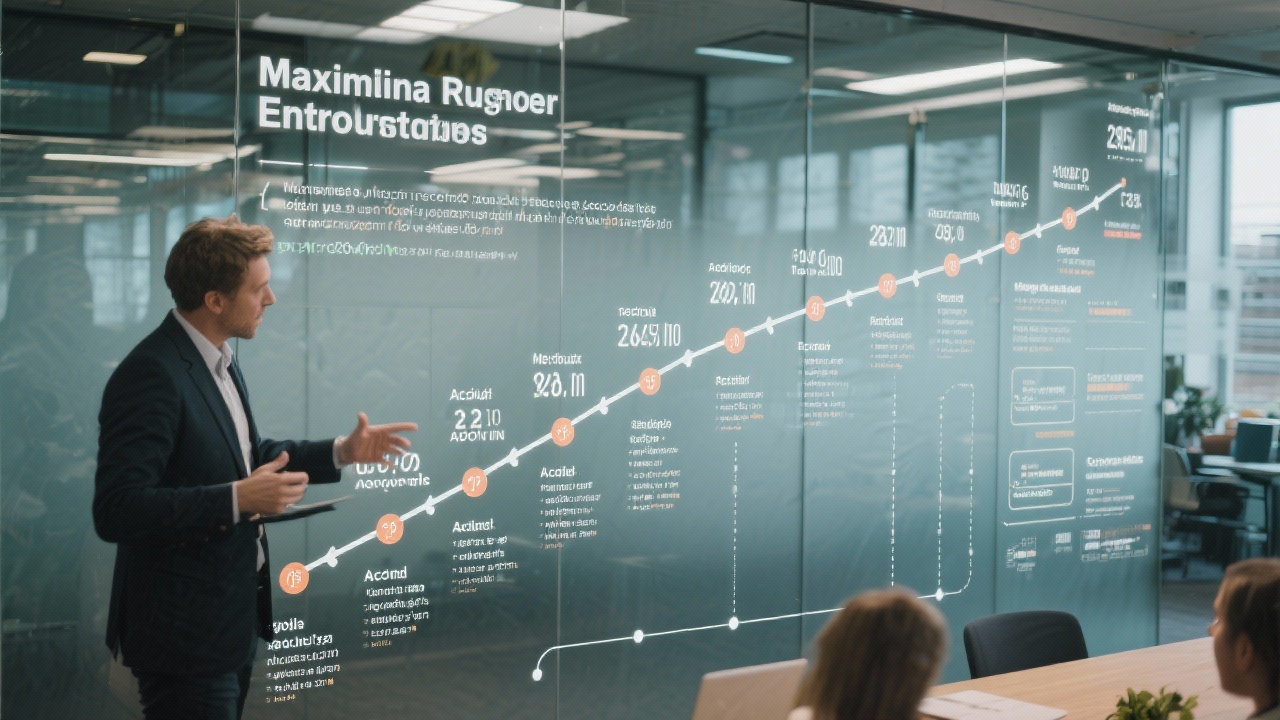Project lead guiding Dutch entrepreneurs through a roadmap timeline projected on glass walls with detailed milestones and accountability metrics highlighted